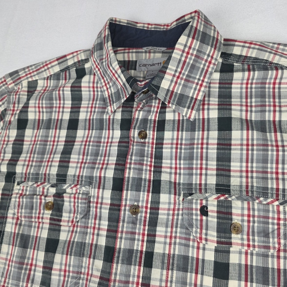 Carhartt Workwear Shirt Mens Large Plaid Short Sleeve Relaxed Fit Embroidered
